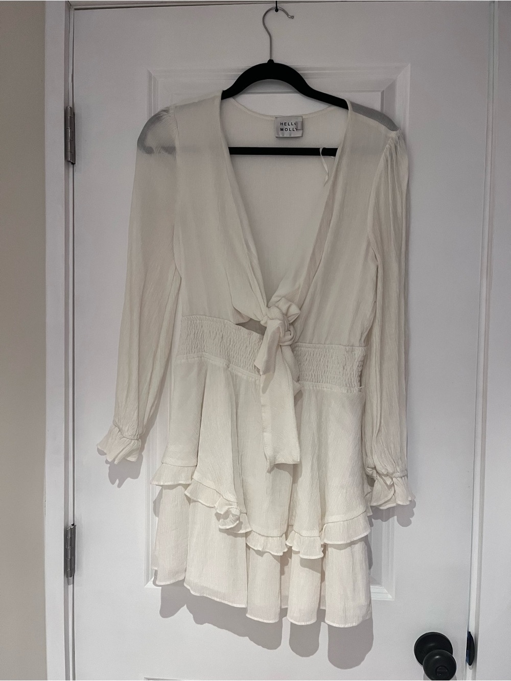 Hello Molly Cream Long-Sleeve Tie-Front Ruffled Mini Dress